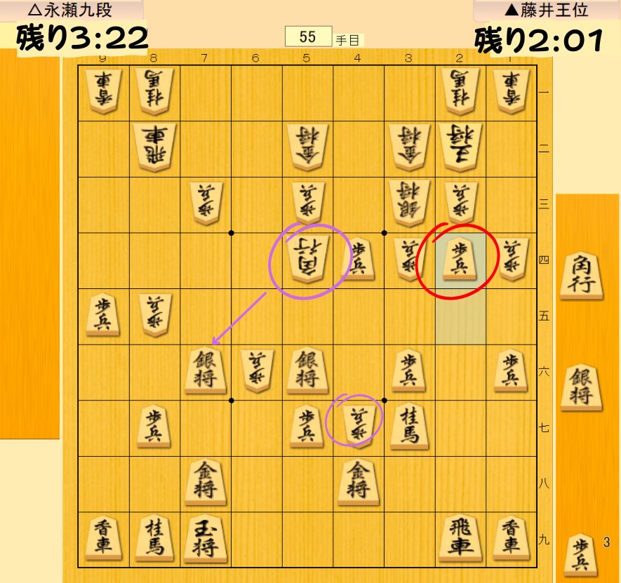 藤井王位▲2四歩と踏み込む