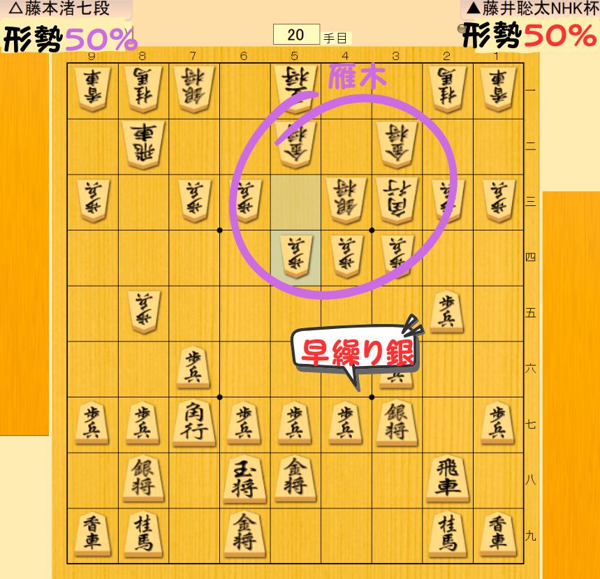 藤本渚七段お得意の雁木